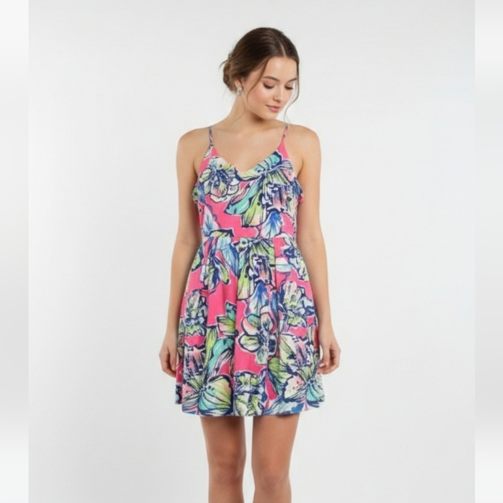 Pink Owl Dress Halter Pink Blue Sleeveless Pleated Summer Resort Beach M